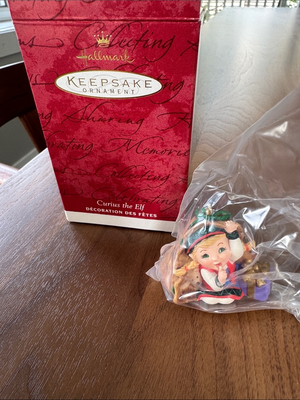 Hallmark Curius Elf Ornament in Red, Green, Cream & Gold